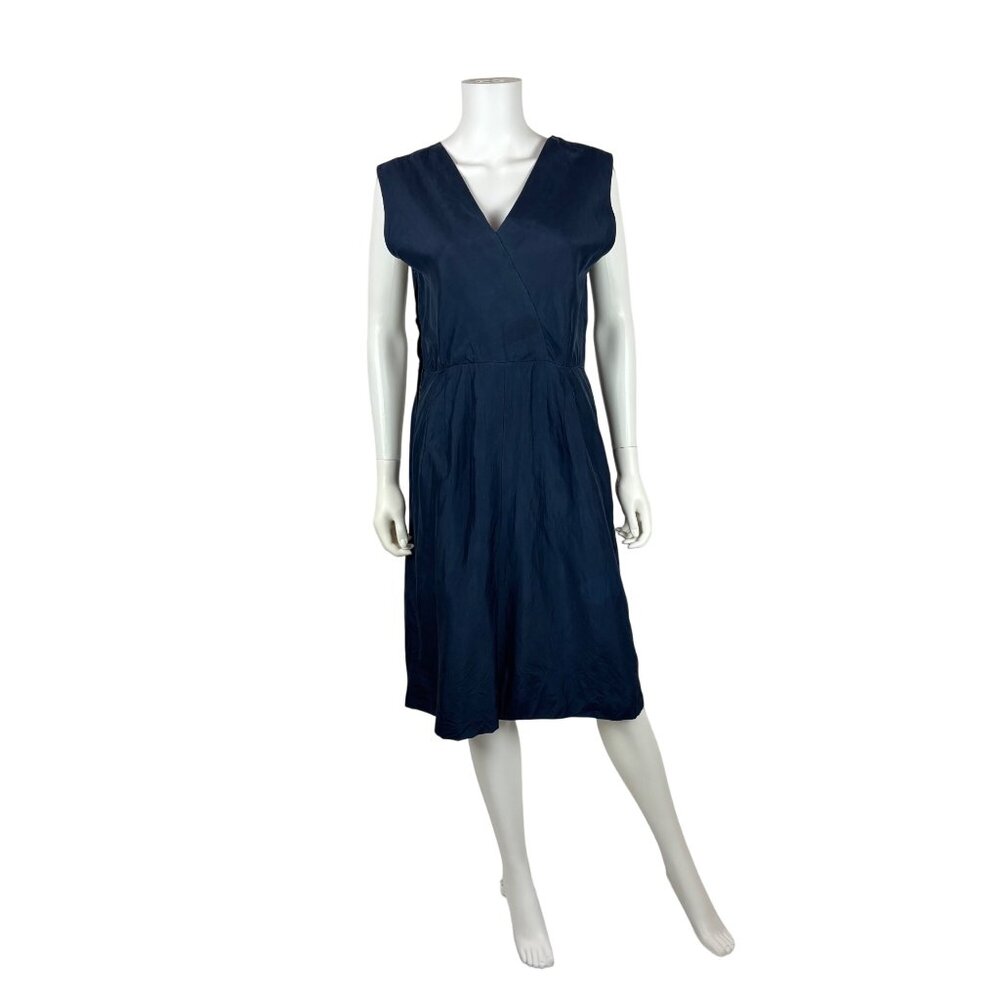 Vintage 50s Navy Blue Sheath Womens Medium Surplice Solid Sleeveless Dress
